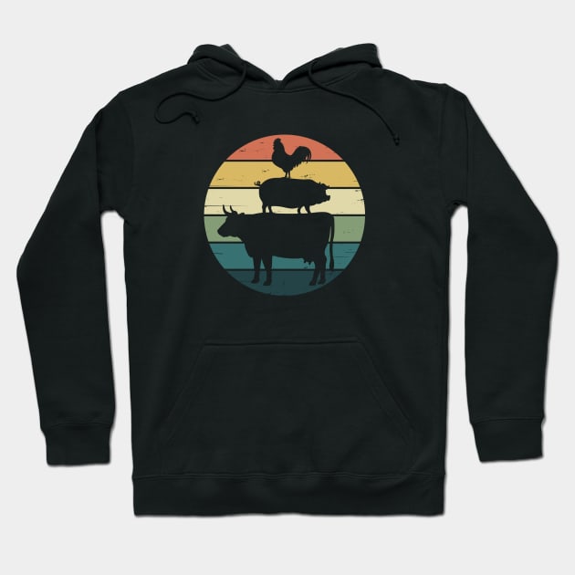 Retro Rainbow Stacked Farm Animals Cow Pig Rooster Hoodie by cottoncanvas